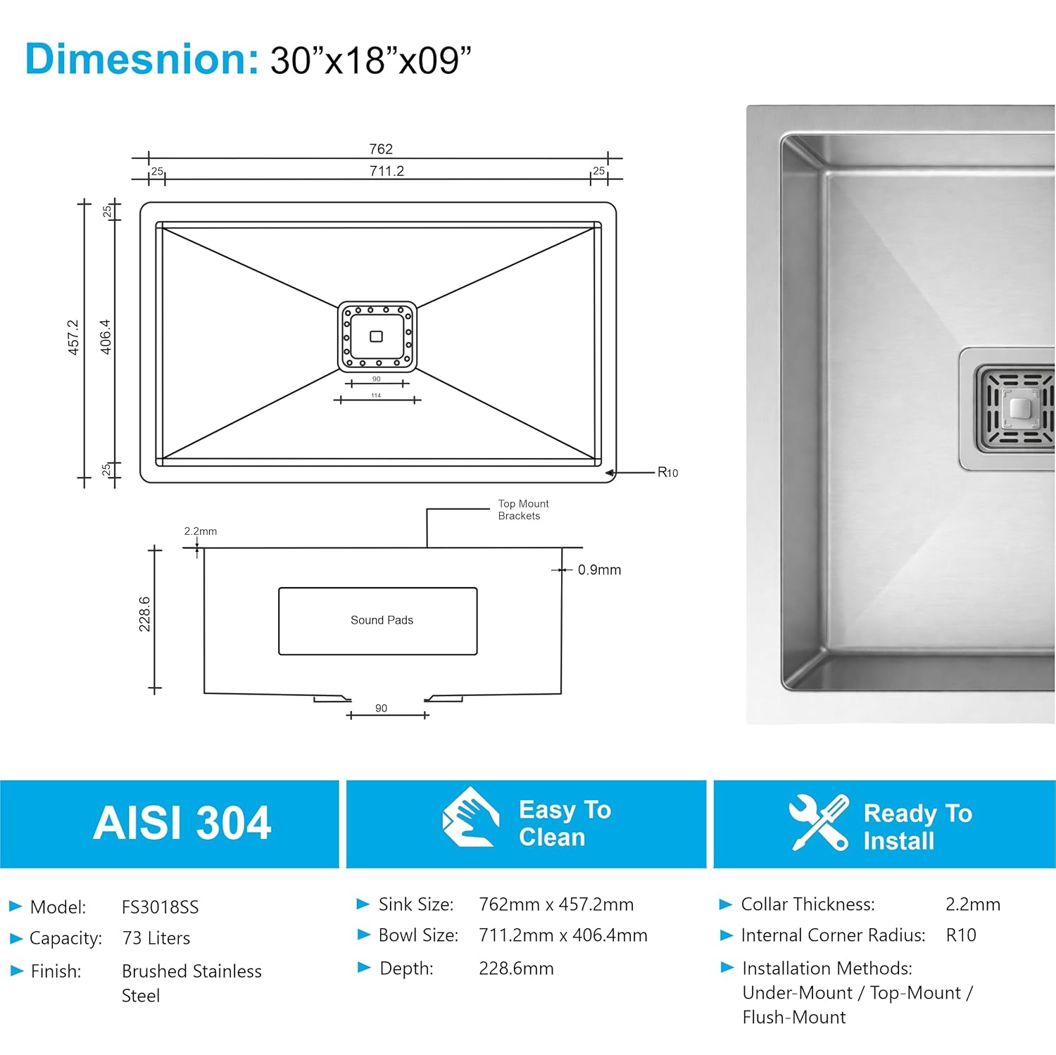 "Aqua 304 Handmade (30x 18 x 09) Inch Single Bowl Kitchen Sink –