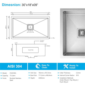 "Aqua 304 Handmade (30x 18 x 09) Inch Single Bowl Kitchen Sink –