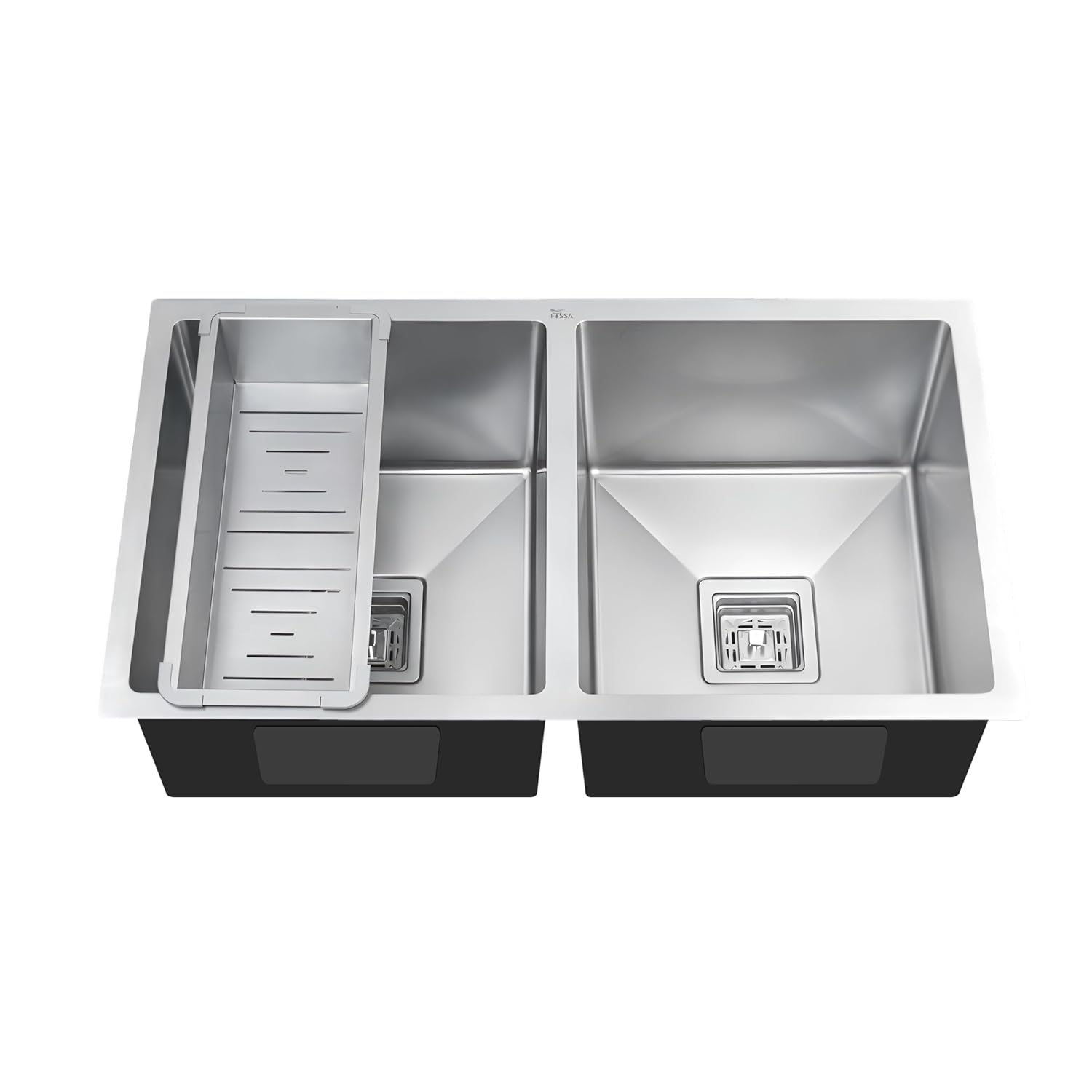Stainless steel double basin kitchen sink on a white background