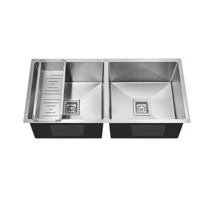 37x18x09 inch double bowl handmade kitchen sink in AISI 304 stainless steel silver finish front view