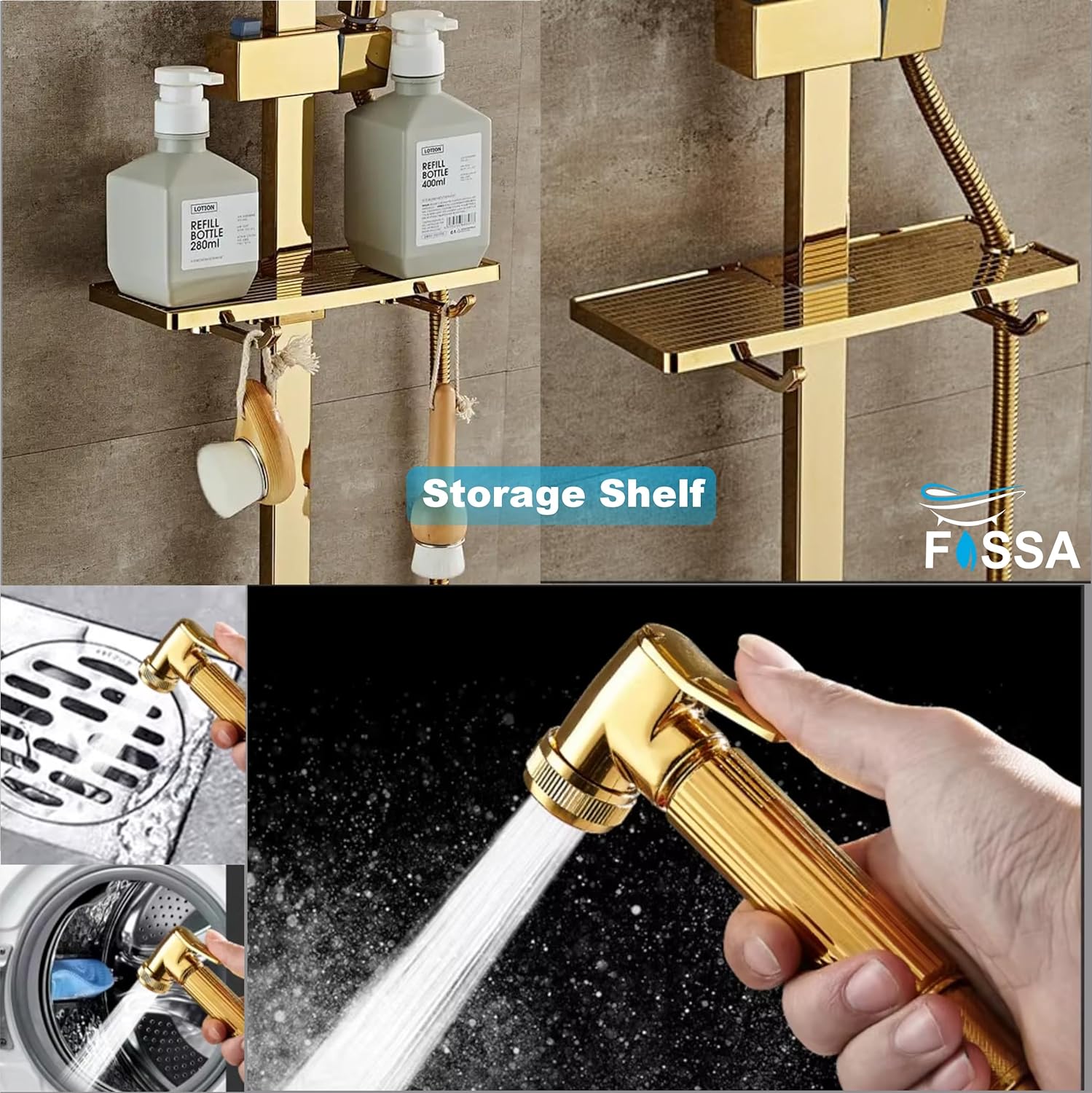 Fossa Aspire Thermostatic Rainfall & Waterfall Shower Panel Set: Wall Mounted, Brass Construction, Digital Display, 4-Function Hand Shower, Elegant Design Gold (Chrome Finish)
