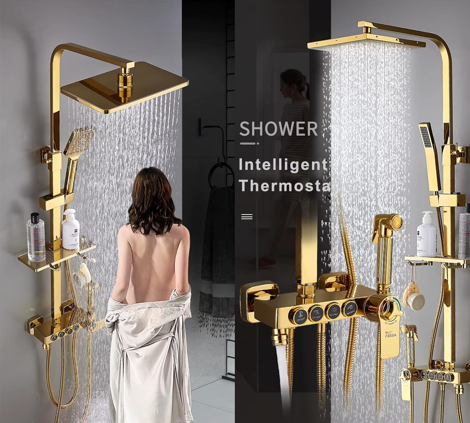 Fossa Aspire Thermostatic Rainfall & Waterfall Shower Panel Set: Wall Mounted, Brass Construction, Digital Display, 4-Function Hand Shower, Elegant Design Gold (Chrome Finish)