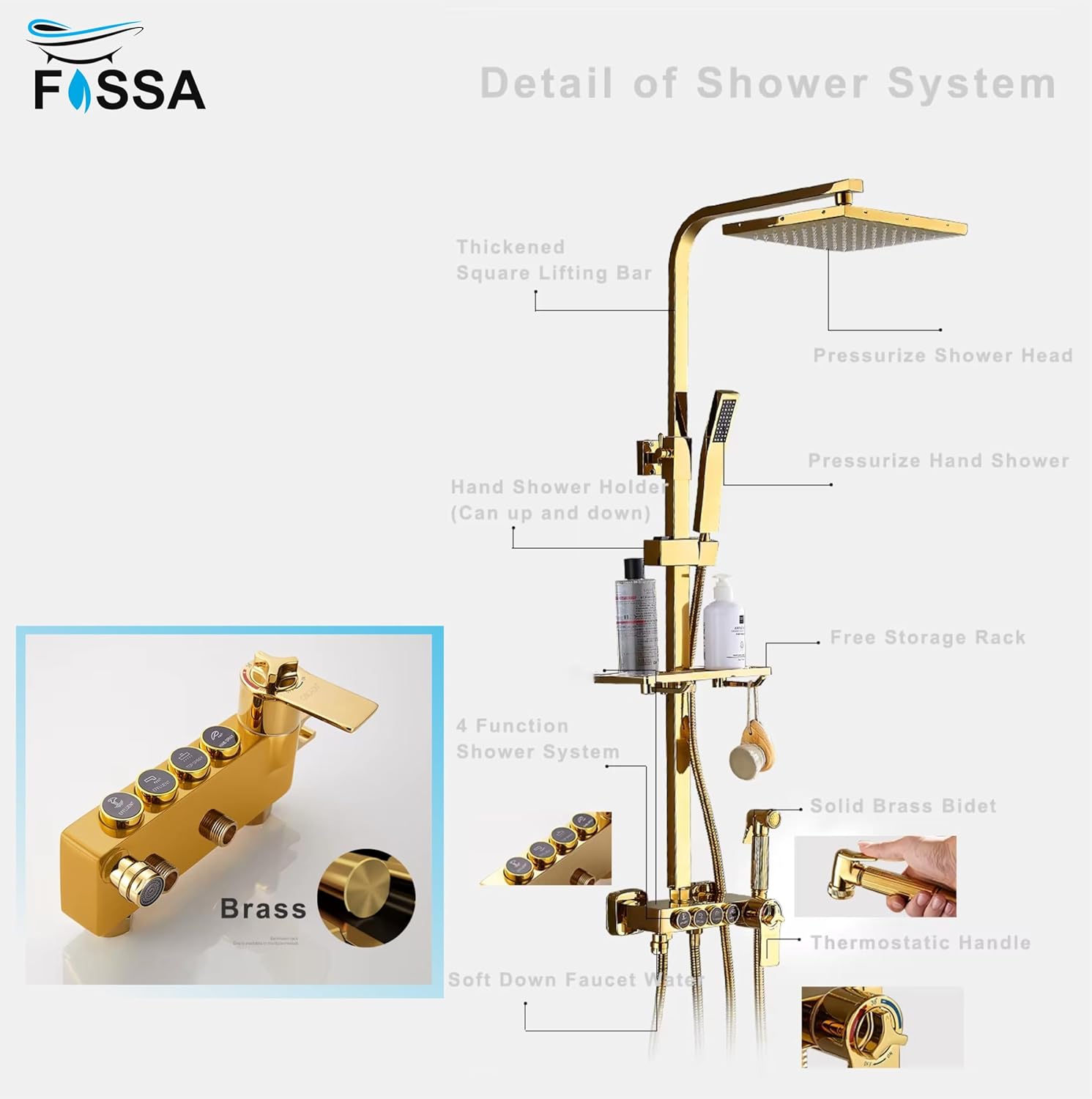 Fossa Aspire Thermostatic Rainfall & Waterfall Shower Panel Set: Wall Mounted, Brass Construction, Digital Display, 4-Function Hand Shower, Elegant Design Gold (Chrome Finish)