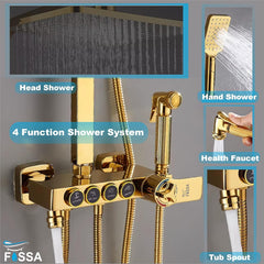 Fossa Aspire Thermostatic Rainfall & Waterfall Shower Panel Set: Wall Mounted, Brass Construction, Digital Display, 4-Function Hand Shower, Elegant Design Gold (Chrome Finish)