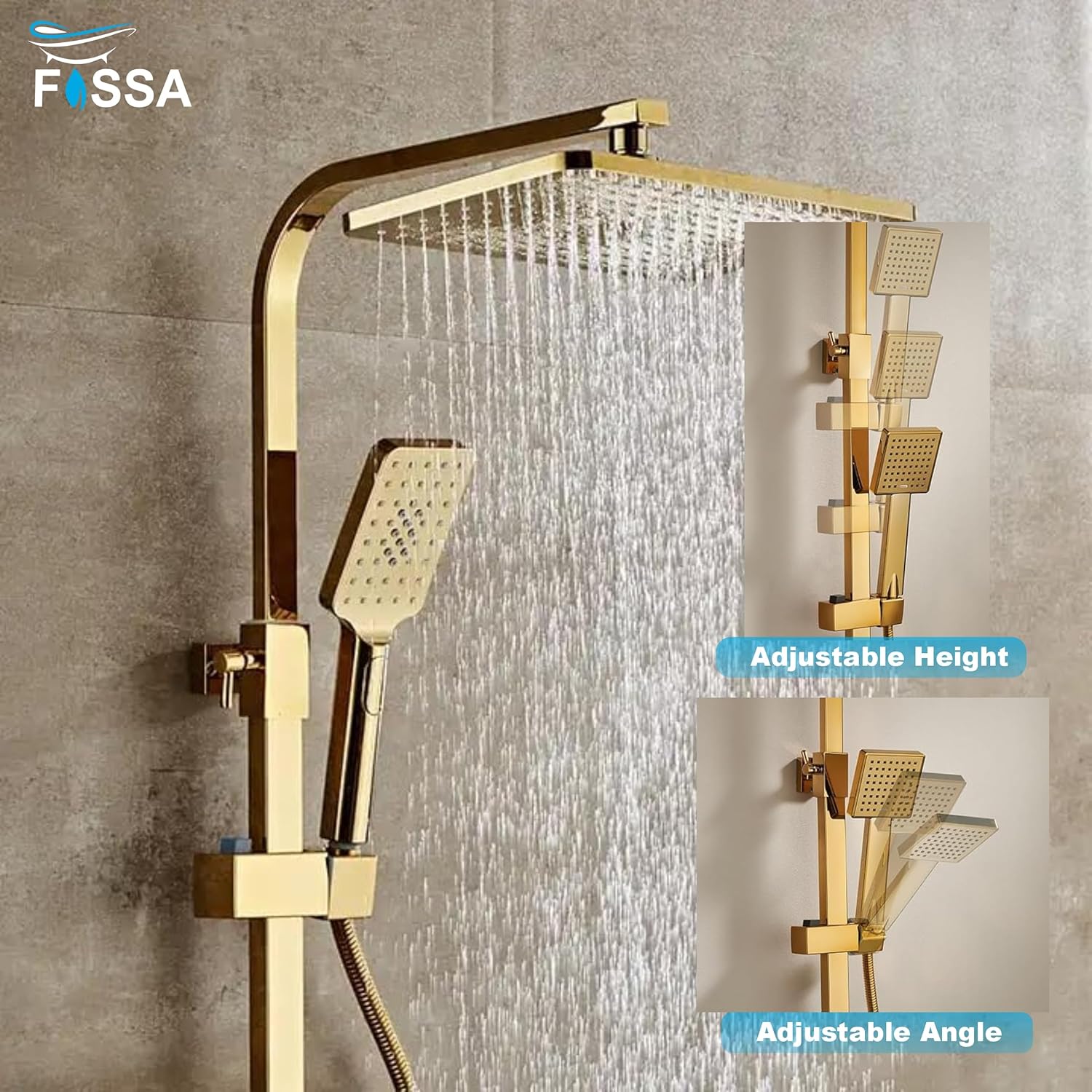 Fossa Aspire Thermostatic Rainfall & Waterfall Shower Panel Set: Wall Mounted, Brass Construction, Digital Display, 4-Function Hand Shower, Elegant Design Gold (Chrome Finish)