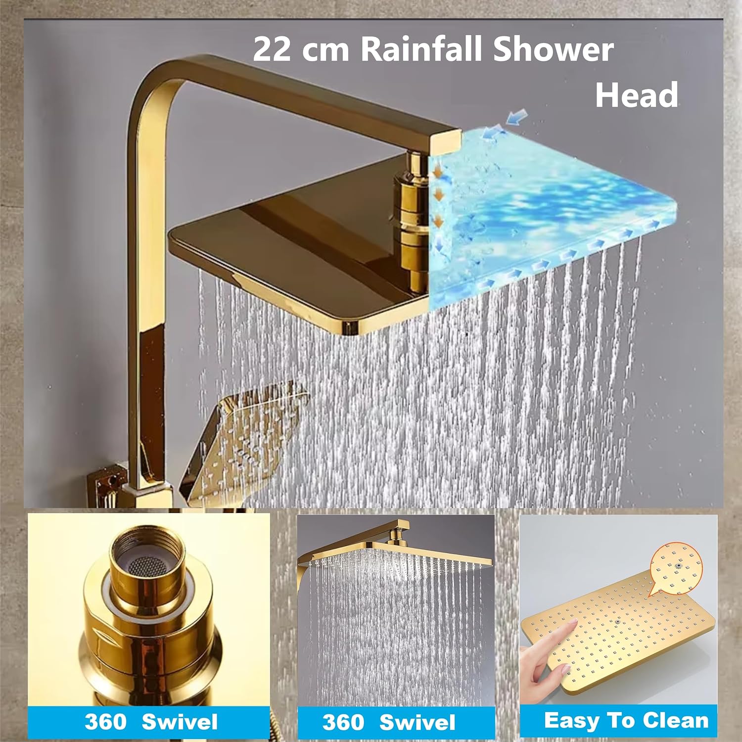 Fossa Aspire Thermostatic Rainfall & Waterfall Shower Panel Set: Wall Mounted, Brass Construction, Digital Display, 4-Function Hand Shower, Elegant Design Gold (Chrome Finish)