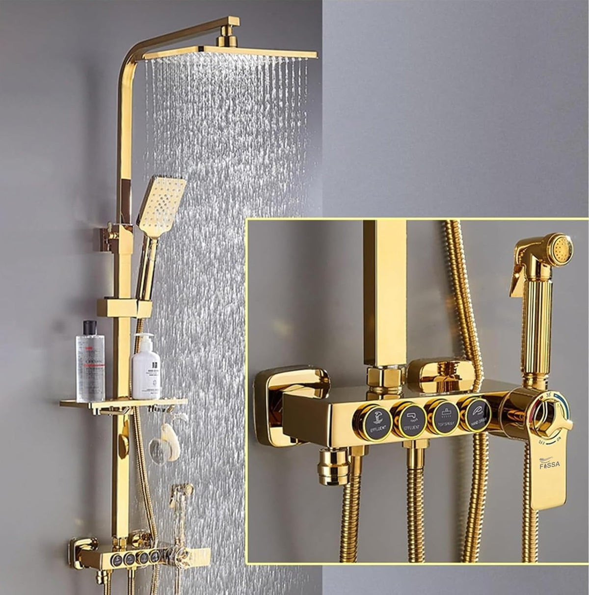 Fossa Aspire Thermostatic Rainfall & Waterfall Shower Panel Set: Wall Mounted, Brass Construction, Digital Display, 4-Function Hand Shower, Elegant Design Gold (Chrome Finish)