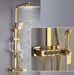 Fossa Aspire Thermostatic Rainfall & Waterfall Shower Panel Set: Wall Mounted, Brass Construction, Digital Display, 4-Function Hand Shower, Elegant Design Gold (Chrome Finish)