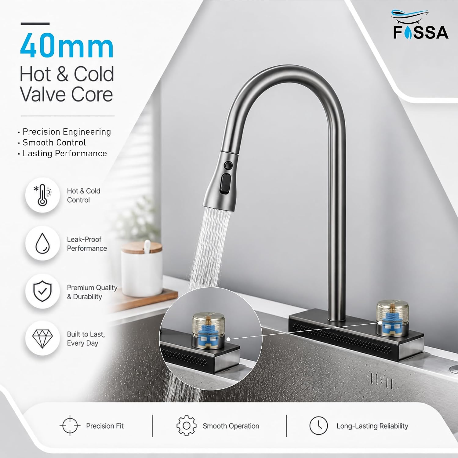 Fossa Brass Round Stem Single Lever Mixer Tap Ceramic Cartridge