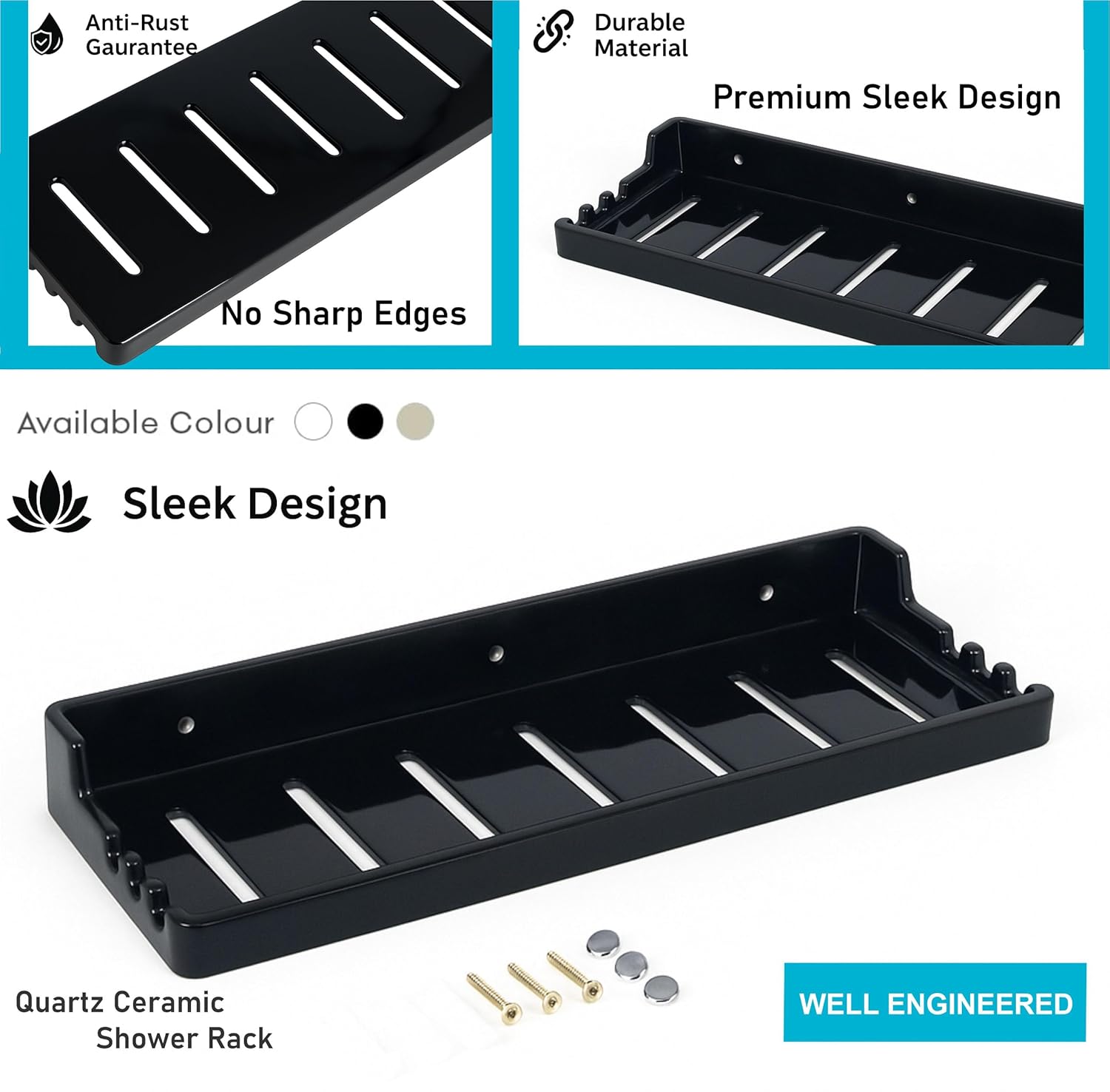 Fossa Classic Ceramic Wall Mounted Shower Shelf Rack – Luxurious Look, Anti-Slip Organizer for Modern Bathroom | Stylish & Functional Shower Caddy | Black (Glossy Finish) - Fossa Home 