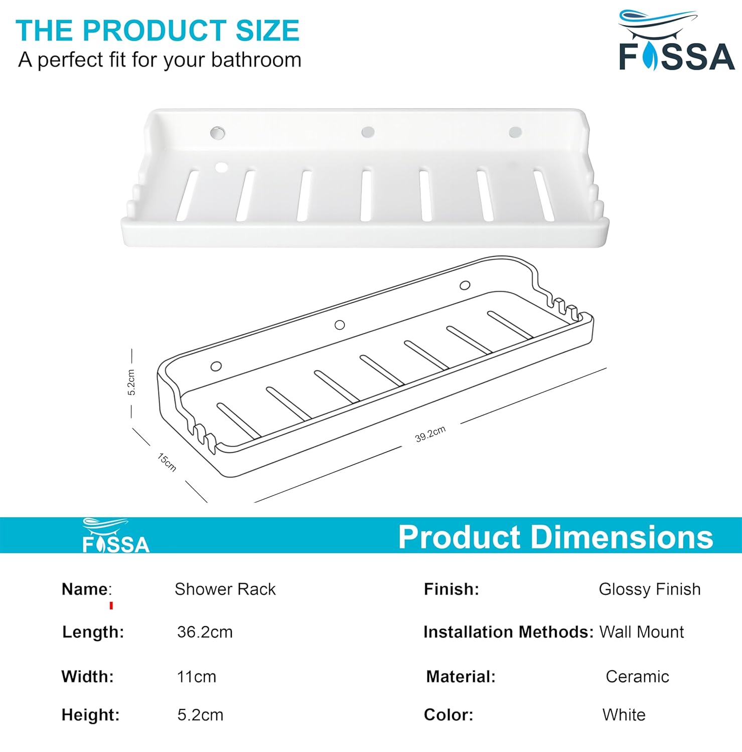 Fossa Classic Ceramic Wall Mounted Shower Shelf Rack – Anti-Slip & Bacteria-Resistant Organizer for Bathroom Storage | Multi-Soap Shower Holder | White (Glossy Finish) - Fossa Home 