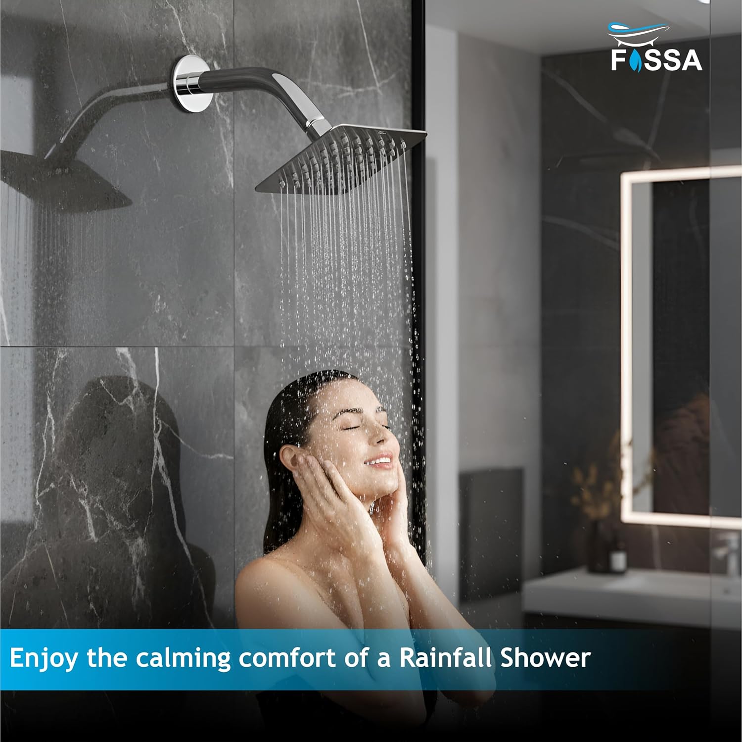 Fossa Colva 8x8 Inch 304 Stainless Steel Square Rain Shower Head | High Pressure Overhead Rainfall Shower for Luxury Bathroom | Durable Design, Chrome Finish (Without Arm Set 15" Inch)