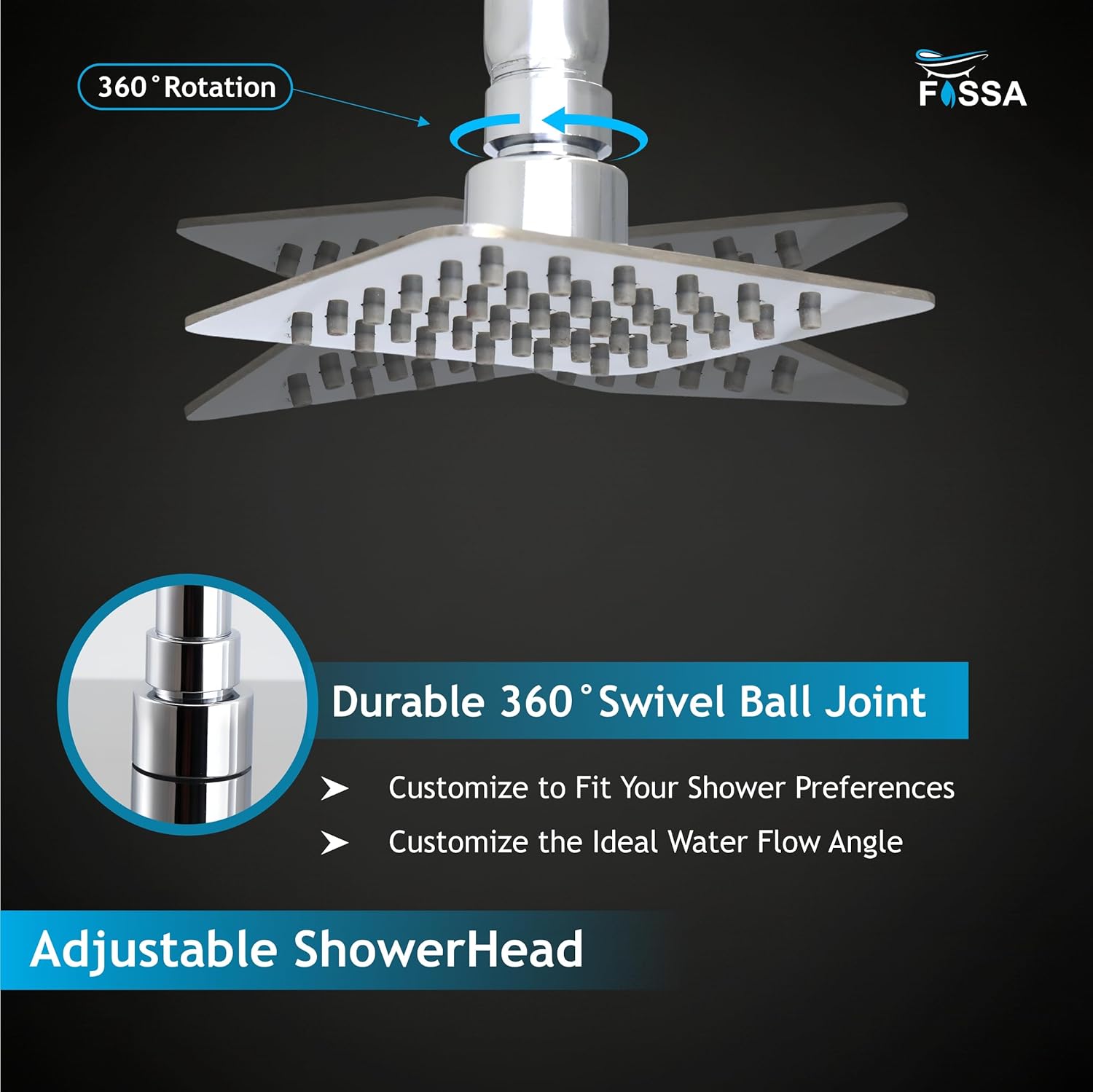Fossa Colva 8x8 Inch 304 Stainless Steel Square Rain Shower Head | High Pressure Overhead Rainfall Shower for Luxury Bathroom | Durable Design, Chrome Finish (Without Arm Set 15" Inch)