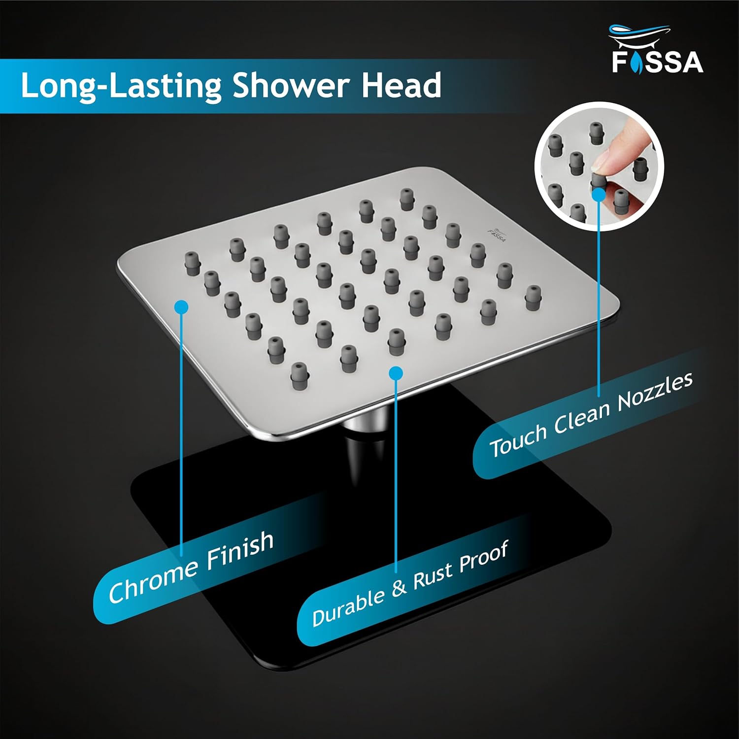 Fossa Colva 8x8 Inch 304 Stainless Steel Square Rain Shower Head | High Pressure Overhead Rainfall Shower for Luxury Bathroom | Durable Design, Chrome Finish (Without Arm Set 15" Inch)