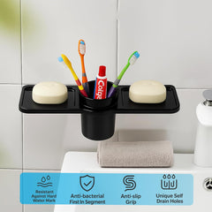 Fossa Classic Double Soap Dish with Glass – Ceramic Body Wall Mounted Soap Holder with Toothbrush Stand | Anti-Rust, No Sharp Edges | Bathroom & Kitchen Organizer Black (Glossy Finish) - Fossa Home 