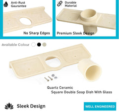 Fossa Classic Double Soap Dish with Glass – Ceramic Body Wall Mounted Soap Holder with Toothbrush Stand | Anti-Rust, No Sharp Edges | Bathroom & Kitchen Organizer Ivory (Glossy Finish) - Fossa Home 