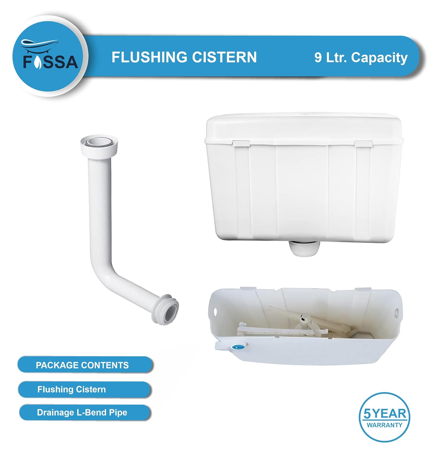 Fossa Flushing Cistern (9 Ltr) Capacity Side Handle Flush Tank White - Fossa Home 