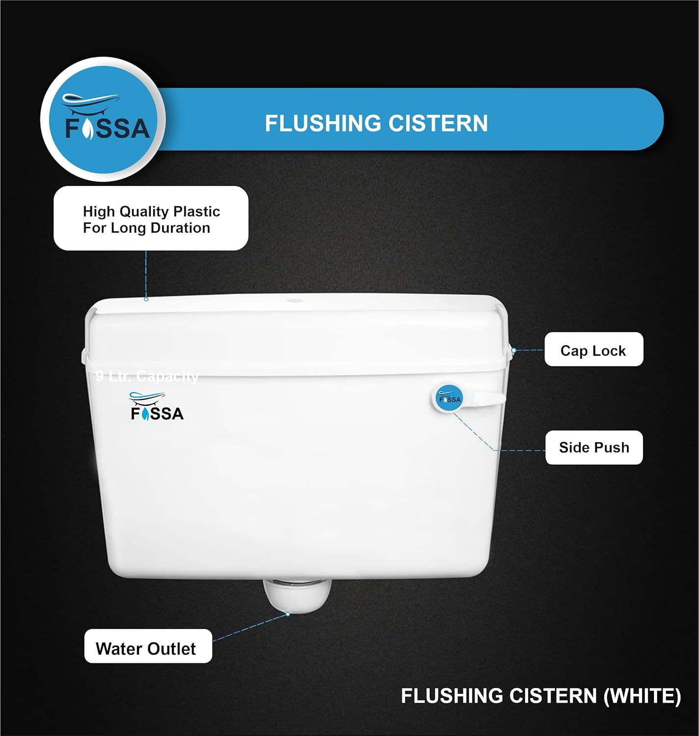 Fossa Flushing Cistern (9 Ltr) Capacity Side Handle Flush Tank White - Fossa Home 