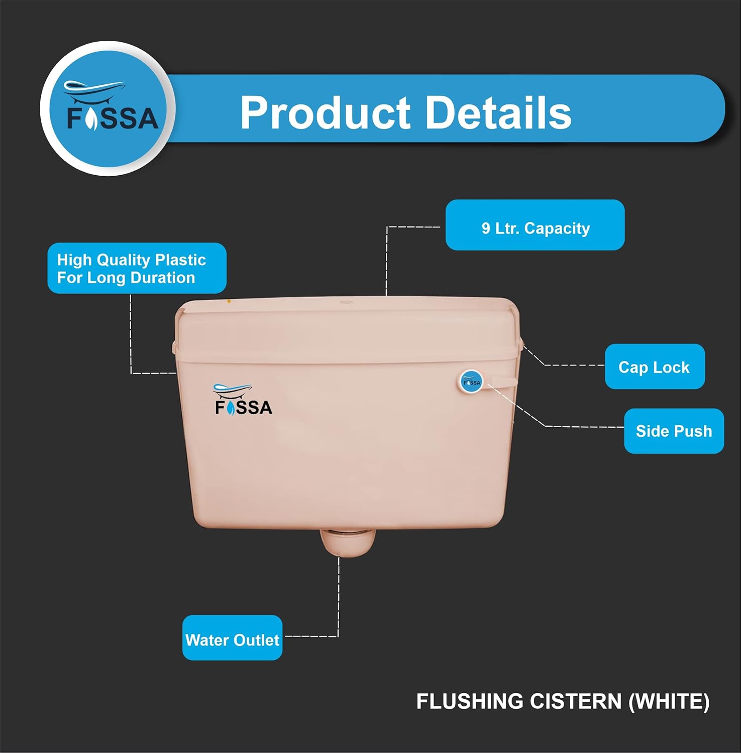 Fossa Flushing Cistern (9 Ltr) Capacity Side Handle Flush Tank ivory - Fossa Home 