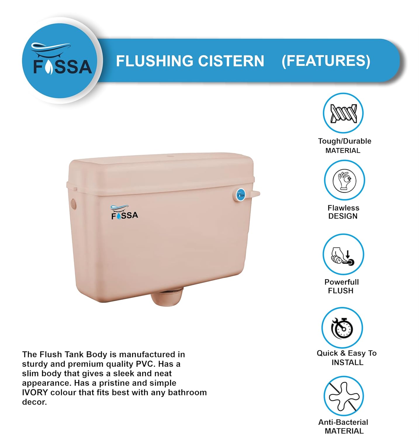 Fossa Flushing Cistern (9 Ltr) Capacity Side Handle Flush Tank ivory - Fossa Home 
