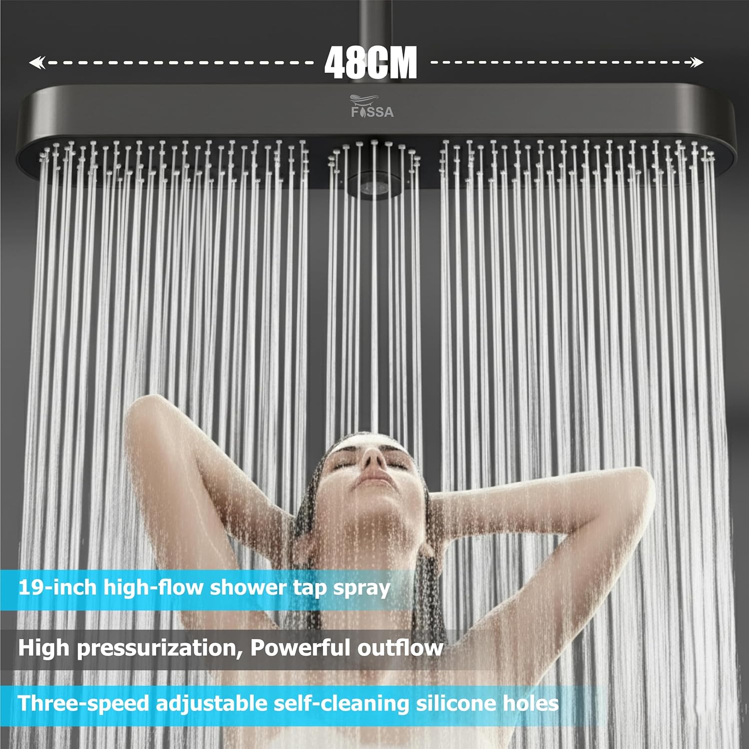 Fossa Helios ABS Shower Head 48cm, Luxury Rainfall Overhead Shower for Bathroom, 3 Water Flow Modes, High Pressure Air Boost, 360° Rotation, Self-Cleaning Silicone Nozzles, Durable Black