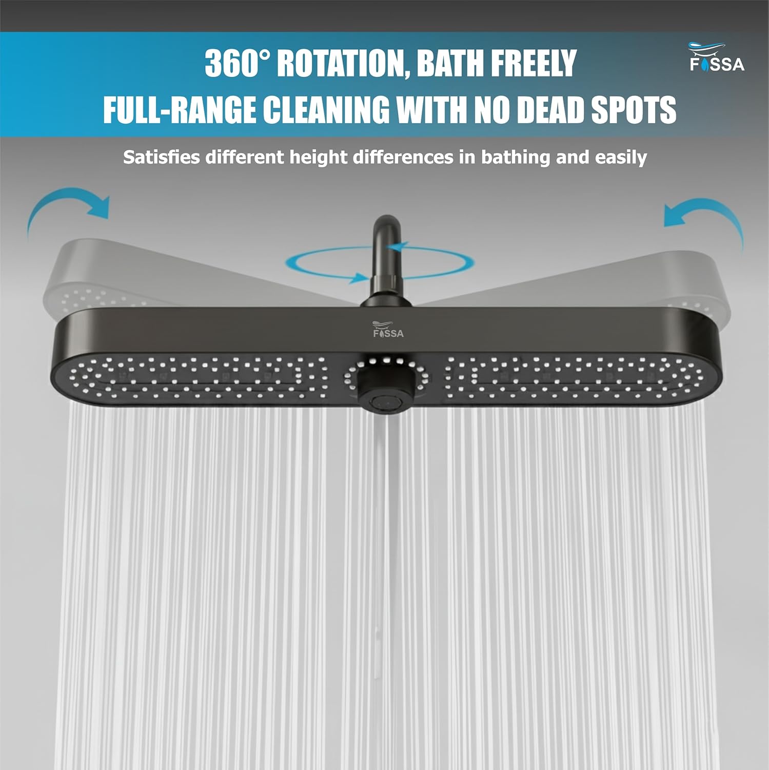 Fossa Helios ABS Shower Head 48cm, Luxury Rainfall Overhead Shower for Bathroom, 3 Water Flow Modes, High Pressure Air Boost, 360° Rotation, Self-Cleaning Silicone Nozzles, Durable Black