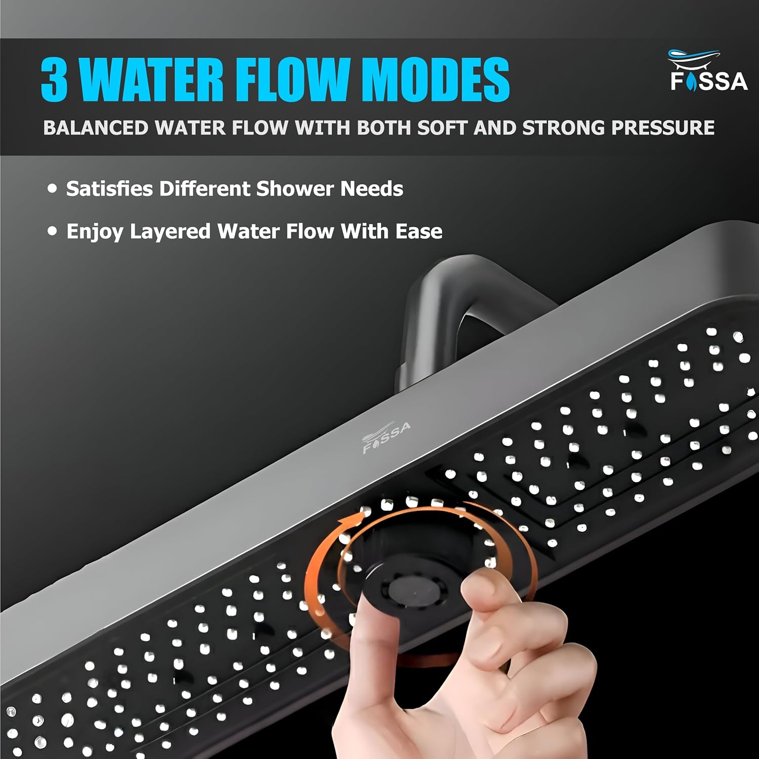 Fossa Helios ABS Shower Head 48cm, Luxury Rainfall Overhead Shower for Bathroom, 3 Water Flow Modes, High Pressure Air Boost, 360° Rotation, Self-Cleaning Silicone Nozzles, Durable Black