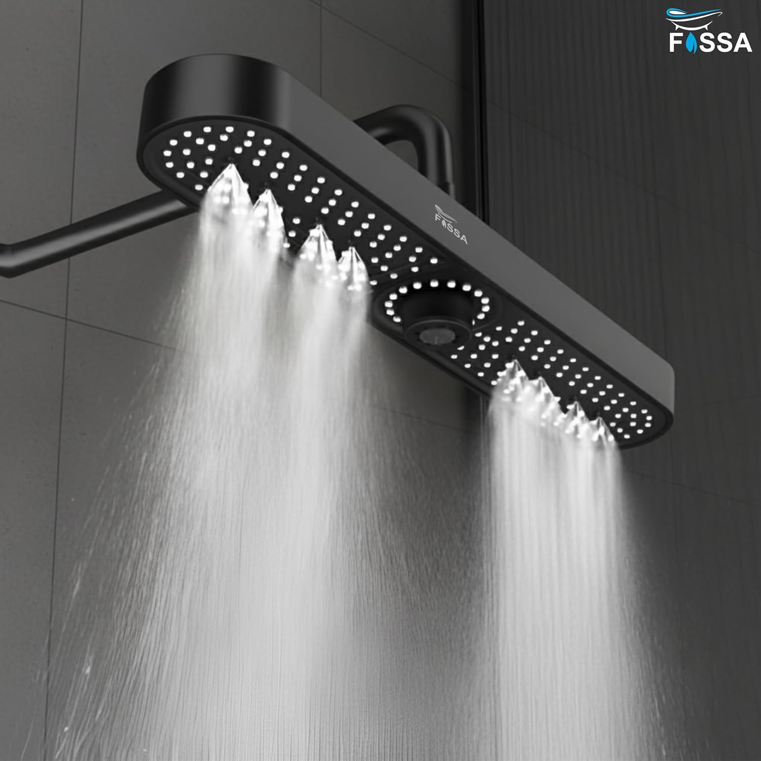 Fossa Helios ABS Shower Head 48cm, Luxury Rainfall Overhead Shower for Bathroom, 3 Water Flow Modes, High Pressure Air Boost, 360° Rotation, Self-Cleaning Silicone Nozzles, Durable Black