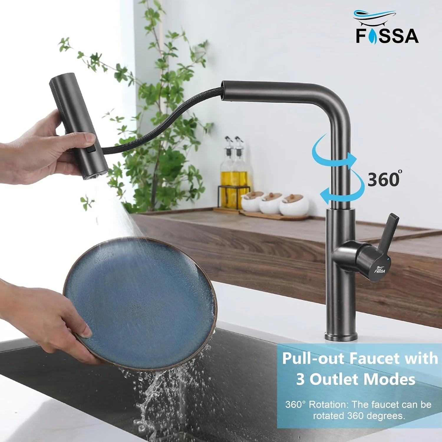 Rainfall Pull Out Triple-Flow 360° Hot & Cold Stainless Steel Kitchen Mixer Faucet Black - Fossa Home 