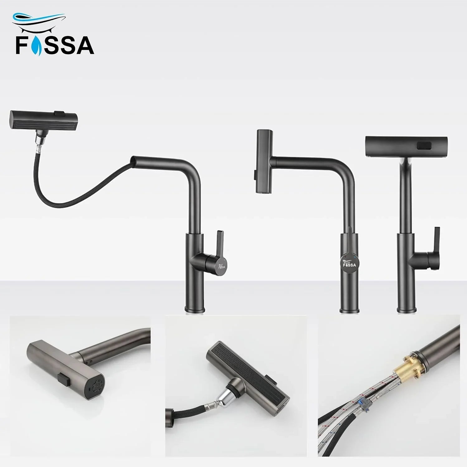 Rainfall Pull Out Triple-Flow 360° Hot & Cold Stainless Steel Kitchen Mixer Faucet Black - Fossa Home 