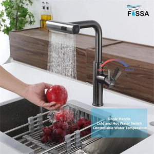 Rainfall Pull Out Triple-Flow 360° Hot & Cold Stainless Steel Kitchen Mixer Faucet Black - Fossa Home 