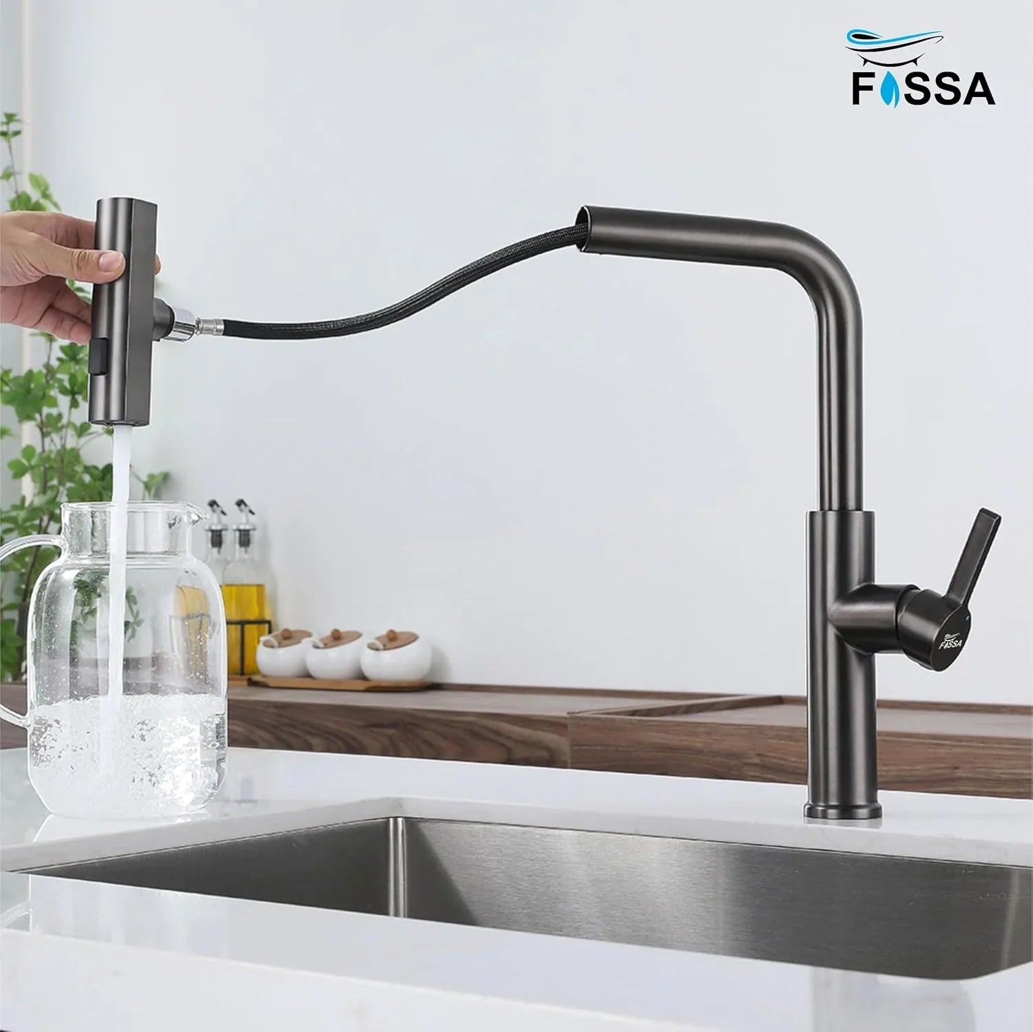 Rainfall Pull Out Triple-Flow 360° Hot & Cold Stainless Steel Kitchen Mixer Faucet Black - Fossa Home 