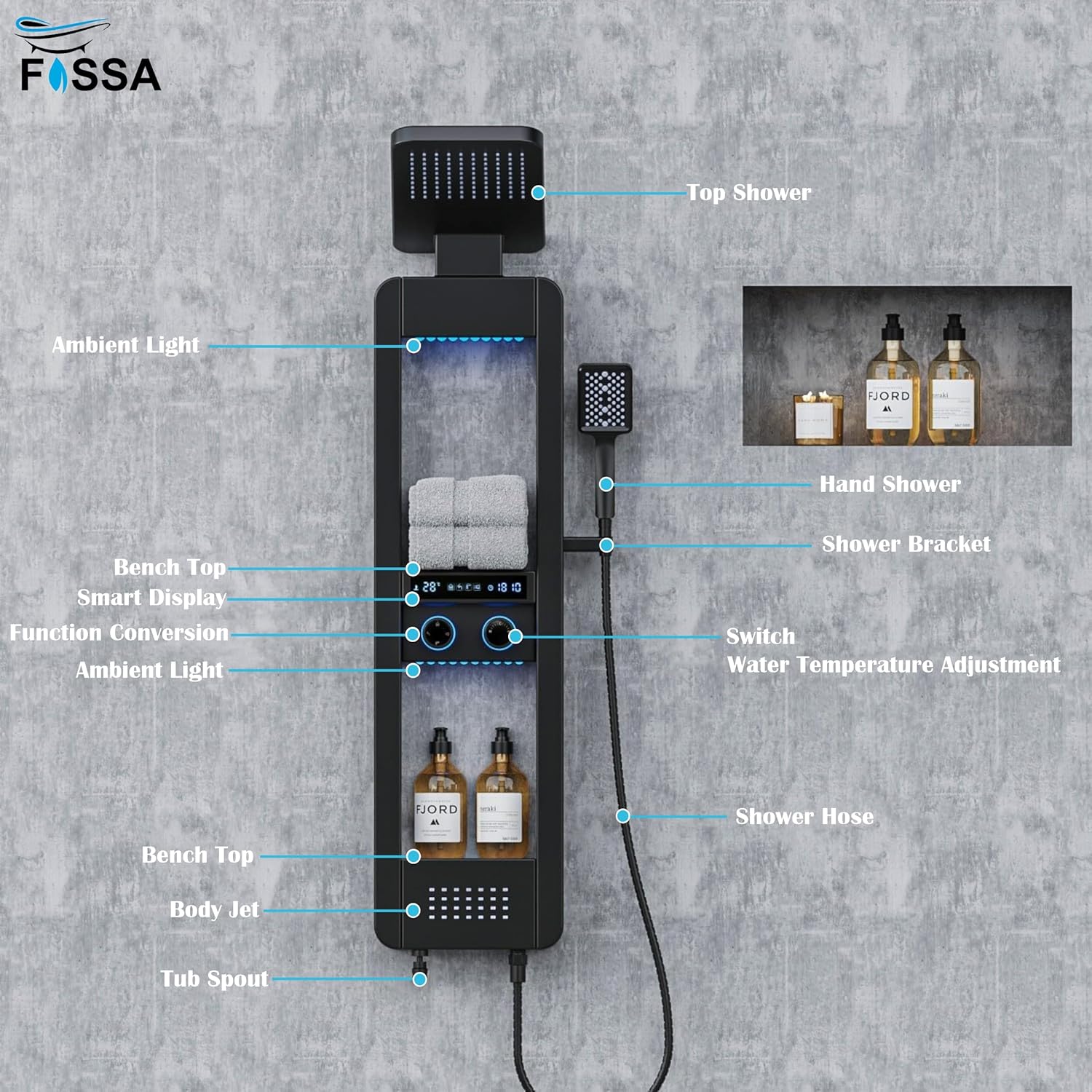 Fossa Shower Panel – 4-Function Wall Mount System with Rainfall Shower, Body Jets, Hand Shower, Tub Spout, LED Display, Ambient Light & Shelf – 304 Stainless Steel – Colva Black (Chrome Finish)