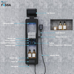 Fossa Shower Panel – 4-Function Wall Mount System with Rainfall Shower, Body Jets, Hand Shower, Tub Spout, LED Display, Ambient Light & Shelf – 304 Stainless Steel – Colva Black (Chrome Finish)