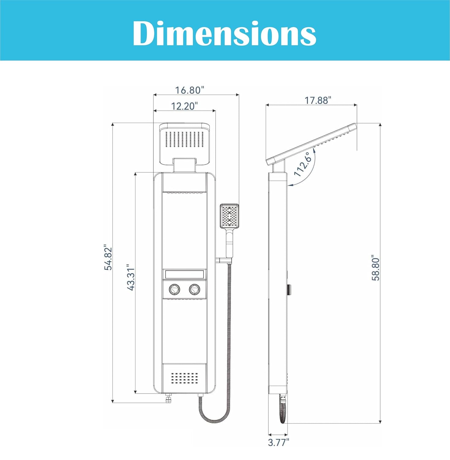 Fossa Shower Panel – 4-Function Wall Mount System with Rainfall Shower, Body Jets, Hand Shower, Tub Spout, LED Display, Ambient Light & Shelf – 304 Stainless Steel – Colva Black (Chrome Finish)