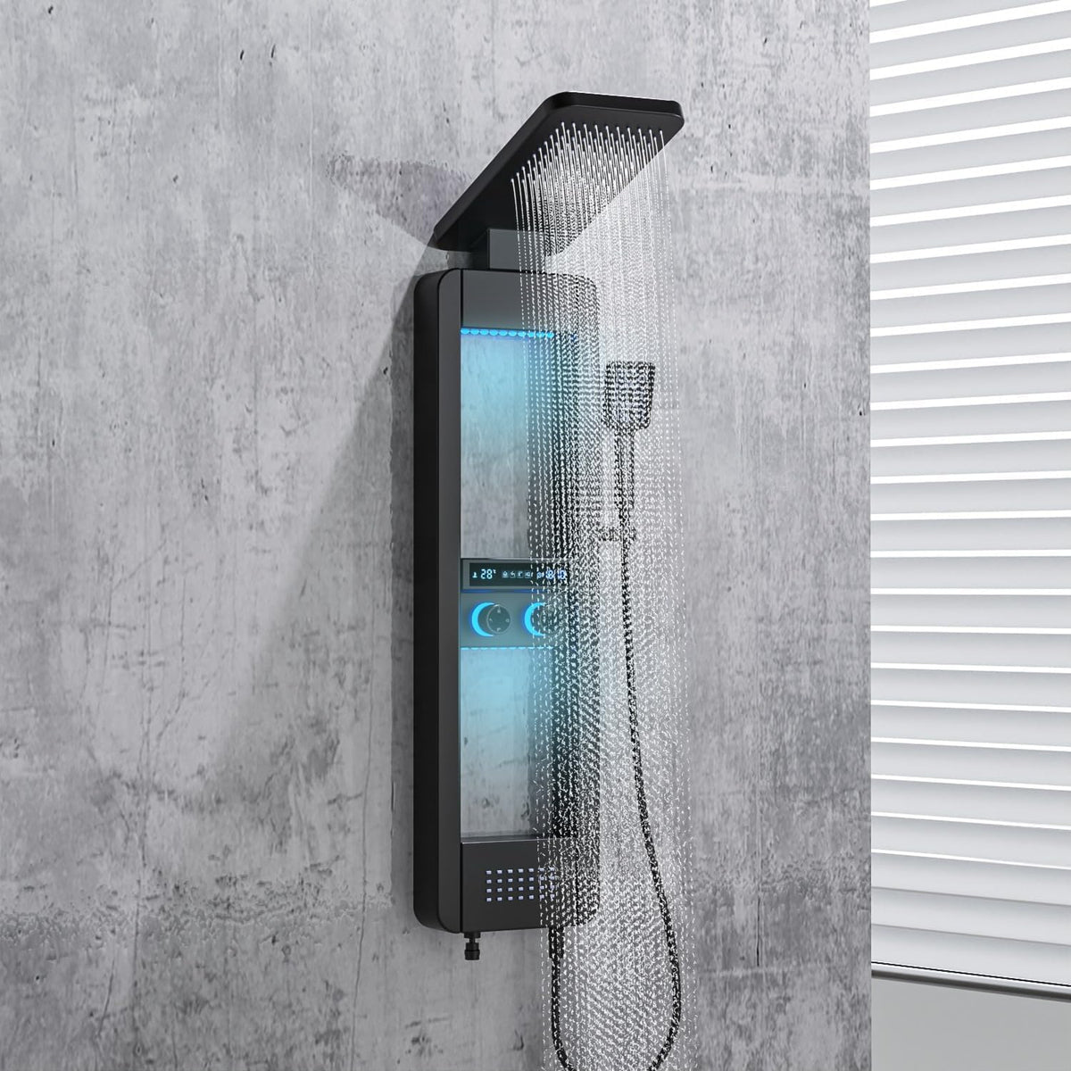 Fossa Shower Panel – 4-Function Wall Mount System with Rainfall Shower, Body Jets, Hand Shower, Tub Spout, LED Display, Ambient Light & Shelf – 304 Stainless Steel – Colva Black (Chrome Finish)