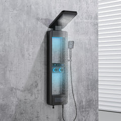 Fossa Shower Panel – 4-Function Wall Mount System with Rainfall Shower, Body Jets, Hand Shower, Tub Spout, LED Display, Ambient Light & Shelf – 304 Stainless Steel – Colva Black (Chrome Finish)