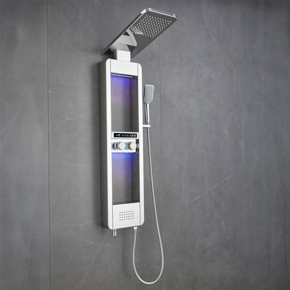Fossa Shower Panel – 4-Function Wall Mount System with Rainfall Shower, Body Jets, Hand Shower, Tub Spout, LED Display, Ambient Light & Shelf – 304 Stainless Steel – Colva White (Chrome Finish)