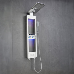 Fossa Shower Panel – 4-Function Wall Mount System with Rainfall Shower, Body Jets, Hand Shower, Tub Spout, LED Display, Ambient Light & Shelf – 304 Stainless Steel – Colva White (Chrome Finish)