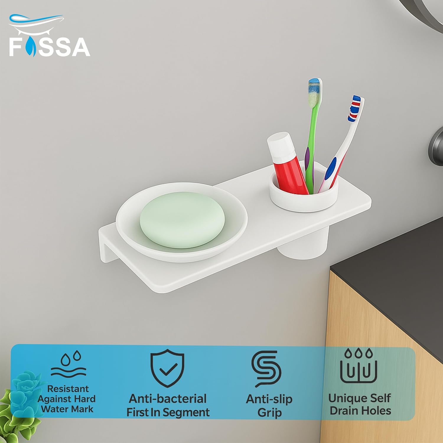 Fossa Classic Ceramic Wall Mounted Soap Dish with Toothbrush Holder – Compact Bathroom, Anti-Bacterial, Rust & Fade Proof | Modern Soap Holder & Accessories for Daily Use | White (Glossy Finish) - Fossa Home 