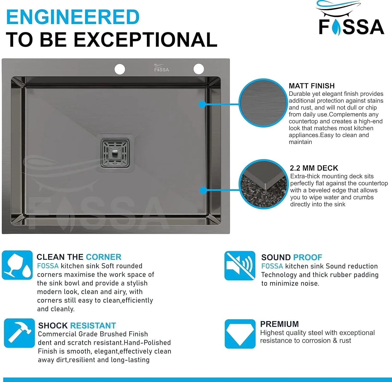 Fossa 24"x18"x10" Inch Single Bowl With Tap Hole Premium Stainless Steel Handmade Kitchen Sink (Matte Finish) Black - Fossa Home 