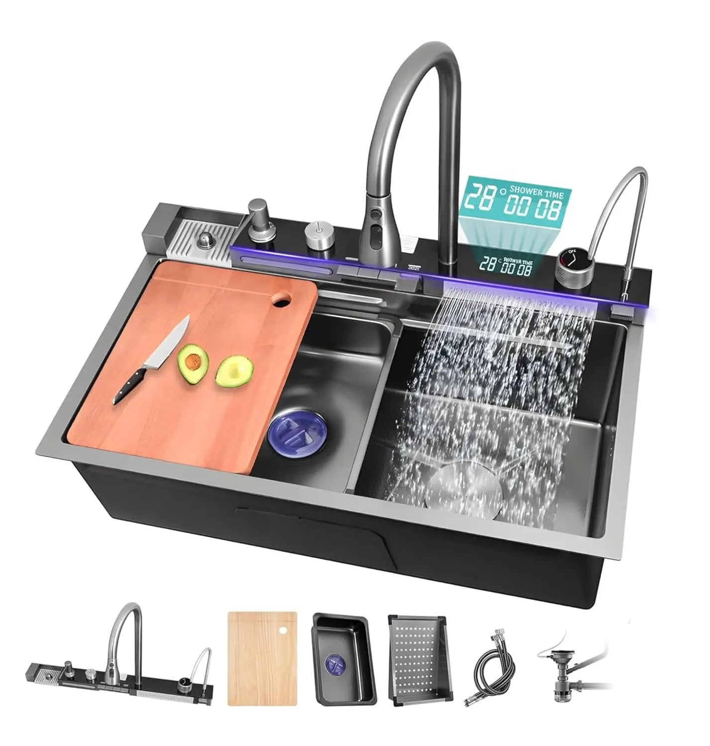 smart piano waterfall kitchen sink, single bowl, design, integrated tap, modern, stainless steel, led, nano honycomb coated, scratch resistant, stylish, workstation, with faucet, multifunction, deep, dishwashing, luxury, easy to clean, anti-stain, modern home,, remodeling, with water flow feature, space saving, contemporary, large capacity, ergonomic, designer, smooth, features, for modern homes, high utility, trending, best, drainage, noise absorption, matte finish, with strainer and accessories, seamless,