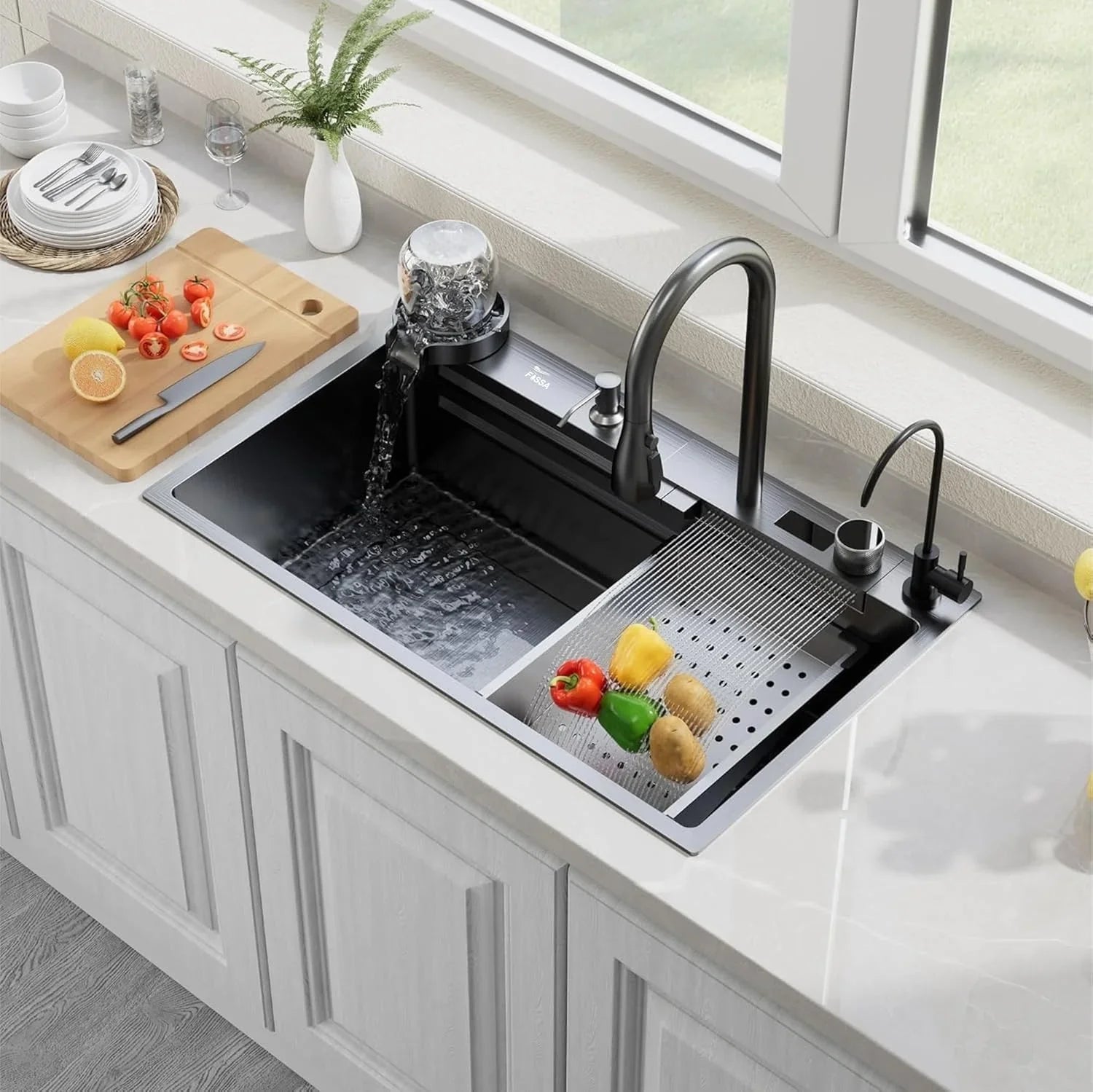 smart piano waterfall kitchen sink, single bowl, design, integrated tap, modern, stainless steel, led, nano honycomb coated, scratch resistant, stylish, workstation, with faucet, multifunction, deep, dishwashing, luxury, easy to clean, anti-stain, modern home,, remodeling, with water flow feature, space saving, contemporary, large capacity, ergonomic, designer, smooth, features, for modern homes, high utility, trending, best, drainage, noise absorption, matte finish, with strainer and accessories, seamless,