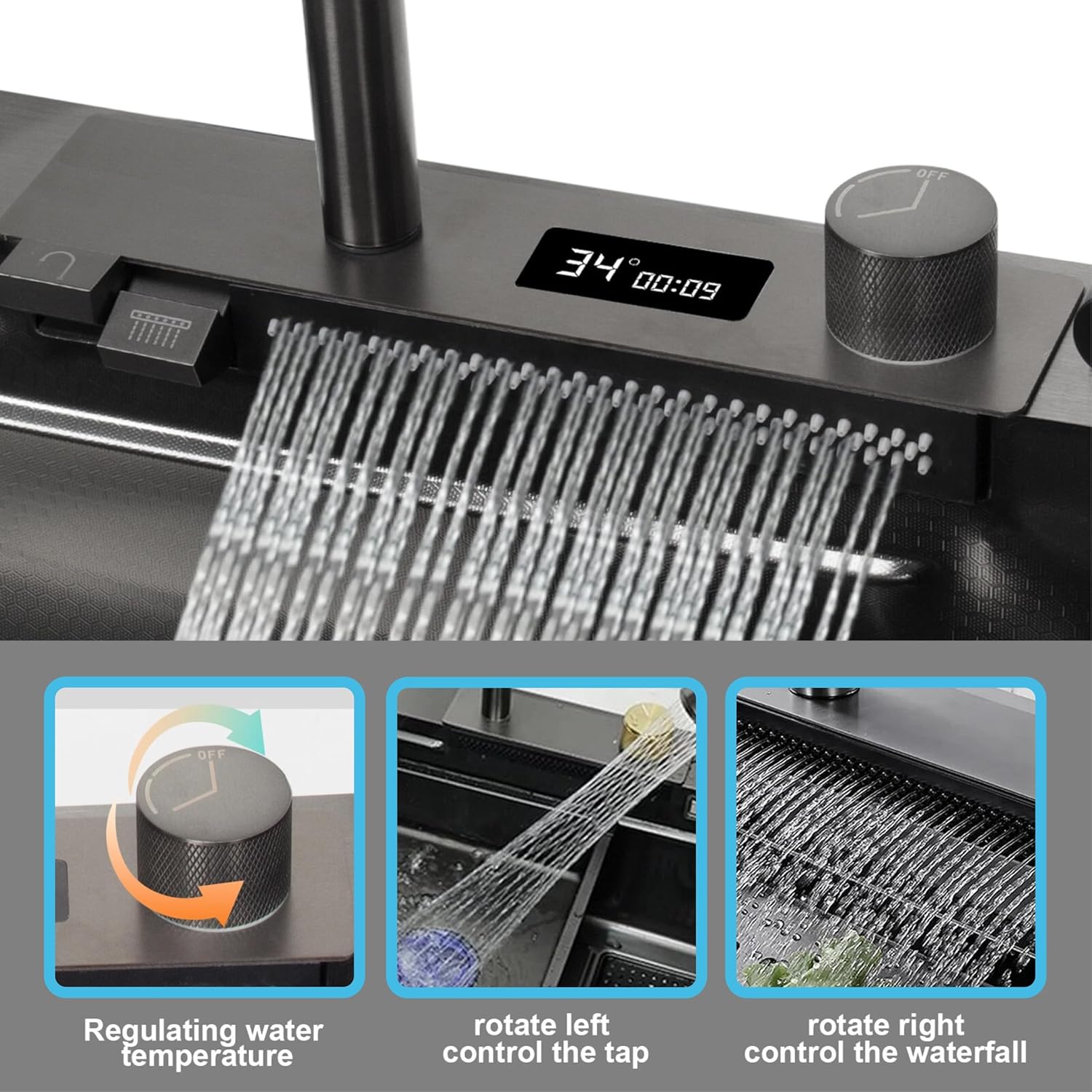 smart piano waterfall kitchen sink, single bowl, design, integrated tap, modern, stainless steel, led, nano honycomb coated, scratch resistant, stylish, workstation, with faucet, multifunction, deep, dishwashing, luxury, easy to clean, anti-stain, modern home,, remodeling, with water flow feature, space saving, contemporary, large capacity, ergonomic, designer, smooth, features, for modern homes, high utility, trending, best, drainage, noise absorption, matte finish, with strainer and accessories, seamless,