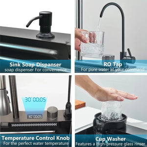 smart piano waterfall kitchen sink, single bowl, design, integrated tap, modern, stainless steel, led, nano honycomb coated, scratch resistant, stylish, workstation, with faucet, multifunction, deep, dishwashing, luxury, easy to clean, anti-stain, modern home,, remodeling, with water flow feature, space saving, contemporary, large capacity, ergonomic, designer, smooth, features, for modern homes, high utility, trending, best, drainage, noise absorption, matte finish, with strainer and accessories, seamless,