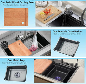 smart piano waterfall kitchen sink, single bowl, design, integrated tap, modern, stainless steel, led, nano honycomb coated, scratch resistant, stylish, workstation, with faucet, multifunction, deep, dishwashing, luxury, easy to clean, anti-stain, modern home,, remodeling, with water flow feature, space saving, contemporary, large capacity, ergonomic, designer, smooth, features, for modern homes, high utility, trending, best, drainage, noise absorption, matte finish, with strainer and accessories, seamless,