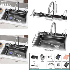 smart  piano waterfall kitchen sink, single bowl, design, integrated tap, modern, stainless steel, led, nano honycomb coated, scratch resistant, stylish, workstation, with faucet, multifunction, deep, dishwashing, luxury, easy to clean, anti-stain, modern home,, remodeling, with water flow feature, space saving, contemporary, large capacity, ergonomic, designer, smooth, features, for modern homes, high utility, trending, best, drainage, noise absorption, matte finish, with strainer and accessories