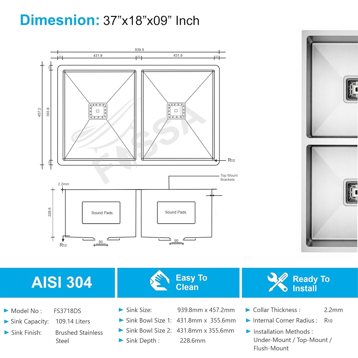 37x18 inch AISI 304 stainless steel double bowl kitchen sink top view with dimension details