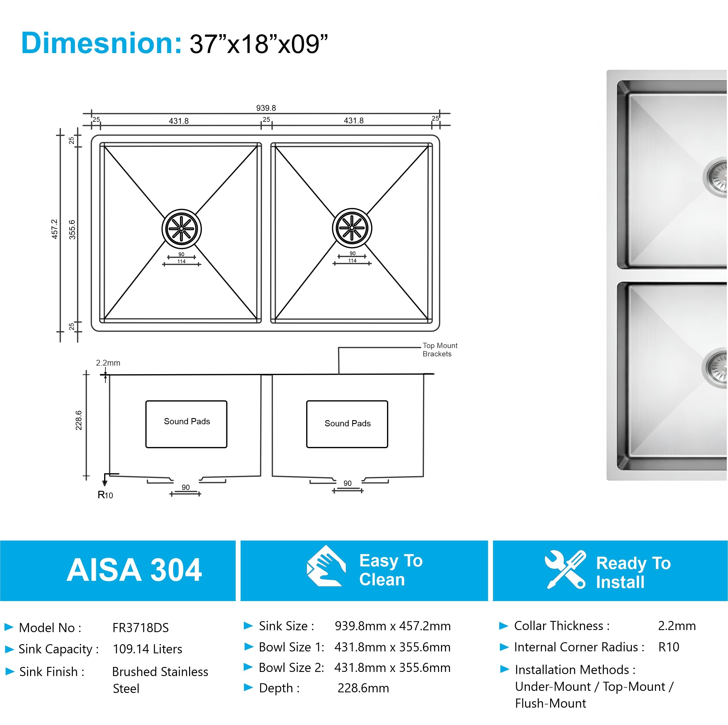 Aqua 304 Handmade Stainless Steel Double Bowl Sink 37"x18"x9" – Silver