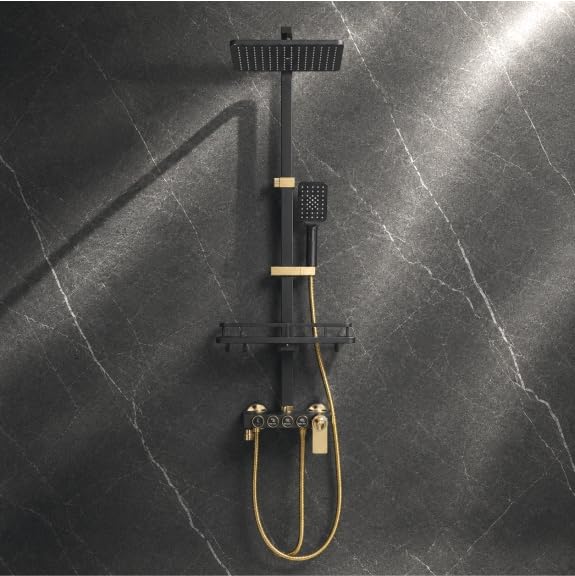 Fossa Aspire Thermostatic Shower Panel Set – Rainfall & Waterfall, Matte Black, Wall Mounted, 4-Function Hand Shower, Brass Body, 2-Year Warranty